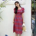 Square-neck Puff-sleeve Plaid Dress Red - One Size
