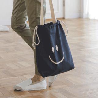 Smile Print Drawstring Canvas Shopper Bag