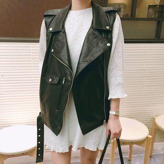 Faux-leather Notched-lapel Zip Vest