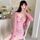 Spaghetti-strap Mini A-line Dress / Rib Knit Cardigan