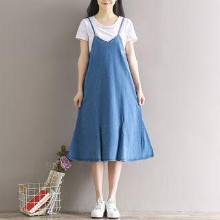 Letter Embroidered Denim Spaghetti Strap Dress