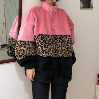 Stand Collar Leopard Print Panel Fleece Jacket