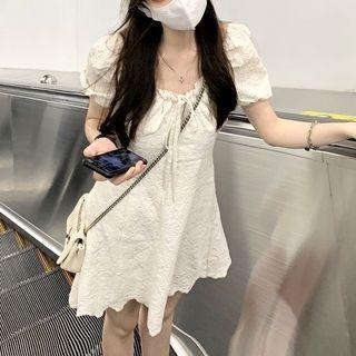 Puff-sleeve Embroidered Lace-up Dress Dress - White - One Size