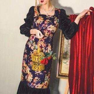 Square-neck Retro Print Panel Dress