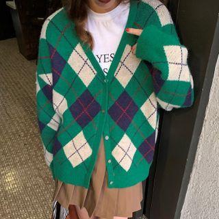 Long-sleeve V-neck Argyle Cardigan