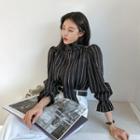 Tie-neck Frilled Pinstriped Blouse