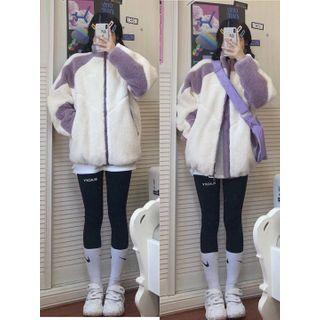 Color-block Stand-collar Fleece Jacket Purple - One Size