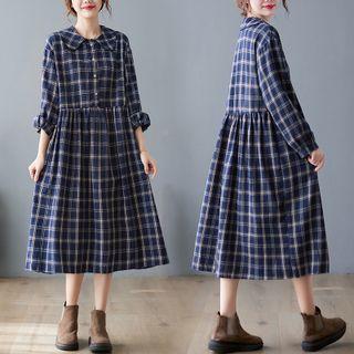 Plaid Midi A-line Dress Plaid - Dark Purple - One Size