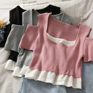 Cutout-shoulder Mock Two-piece Crop Knit Top