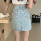High-waist Floral Embroidered A-line Denim Mini Skirt