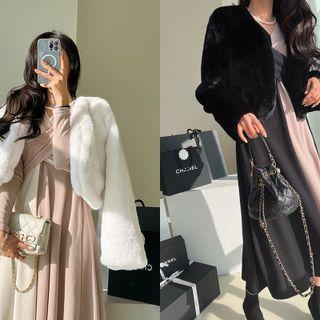 Collarless Faux-fur Open Jacket