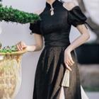 Short-sleeve Cold Shoulder Midi Qipao