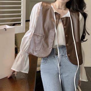 Puff-sleeve Blouse / Faux Leather Button-up Vest