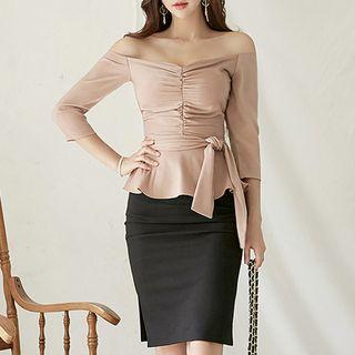 Set: Off-shoulder 3/4-sleeve Peplum Top + High-waist Pencil Skirt