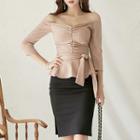 Set: Off-shoulder 3/4-sleeve Peplum Top + High-waist Pencil Skirt