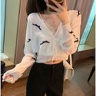 Long-sleeve Ribbon-accent Knit Crop Top White - One Size