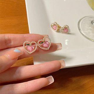 Peach Heart Faux Pearl Alloy Earring 1 Pair - Silver Stud - Gold & Pink - One Size