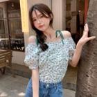 Short-sleeve Cold Shoulder Floral Print Blouse Grass Green - One Size