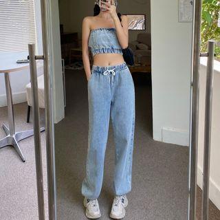Set: High Waist Straight Leg Jeans + Strapless Crop Top