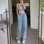 Set: High Waist Straight Leg Jeans + Strapless Crop Top