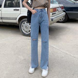 Mid Rise Cutout Straight Leg Jeans