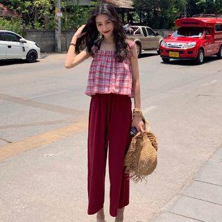Plaid Wide-strap Top / Cropped Wide-leg Pants