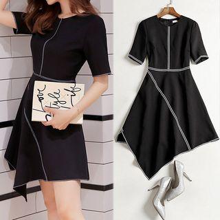Short-sleeve Contrast Stitch Asymmetrical A-line Dress