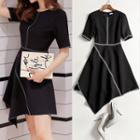 Short-sleeve Contrast Stitch Asymmetrical A-line Dress