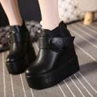 Faux Leather Buckled Platform Hidden Wedge Ankle Boots