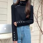 Plain High-neck Button Long-sleeve Knit Top