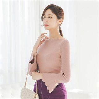 Bell-sleeve Scallop-edge Knit Top