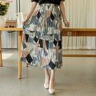 Band-waist Pleated Patterned Long Skirt