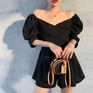 Plain Puff-sleeve Wide-leg Playsuit