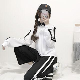 Striped Long-sleeve Polo Shirt / Striped Straight-cut Pants