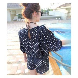 Set: Dotted Bikini Top + Drawstring Swim Shorts + Cover-up