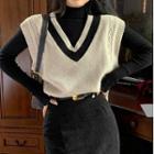 V-neck Sweater Vest / Mock-neck Top / Belt / Slit Midi Pencil Skirt