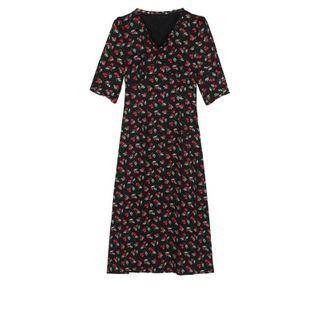 V-neck Cherry Print Midi A-line Dress