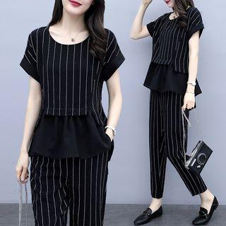 Set: Pinstriped Short-sleeve Top + Crop Pants