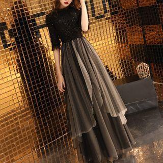 Elbow Sleeve Sequined Panel Mesh A-line Evening Gown
