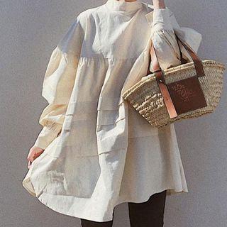 Stand-collar Plain Mini A-line Dress Almond - One Size
