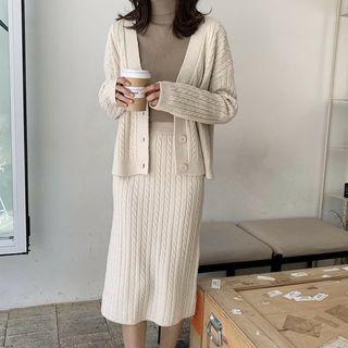 Set: V-neck Cable-knit Cardigan + Knit Skirt