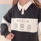 Cat Print Polo-neck Pullover Black - One Size