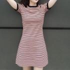 Contrast Trim Short-sleeve Striped Mini A-line Dress