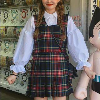 Lantern-sleeve Blouse / Plaid Pinafore Dress