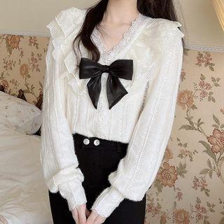 V-neck Lace Panel Bow Accent Knit Top Almond - One Size