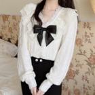 V-neck Lace Panel Bow Accent Knit Top Almond - One Size