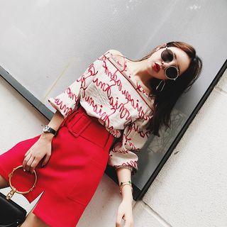 Set: Printed Off-shoulder Top + Mini Skirt
