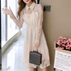 Long-sleeve Furry Collared Midi A-line Lace Dress