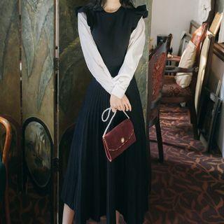 Mock Two-piece Pleated Knit Midi A-line Dress Black & White - One Size