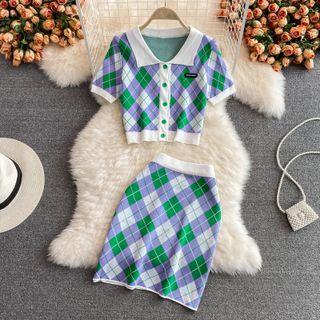 Set: Short-sleeve Argyle Knit Top + Pencil Skirt